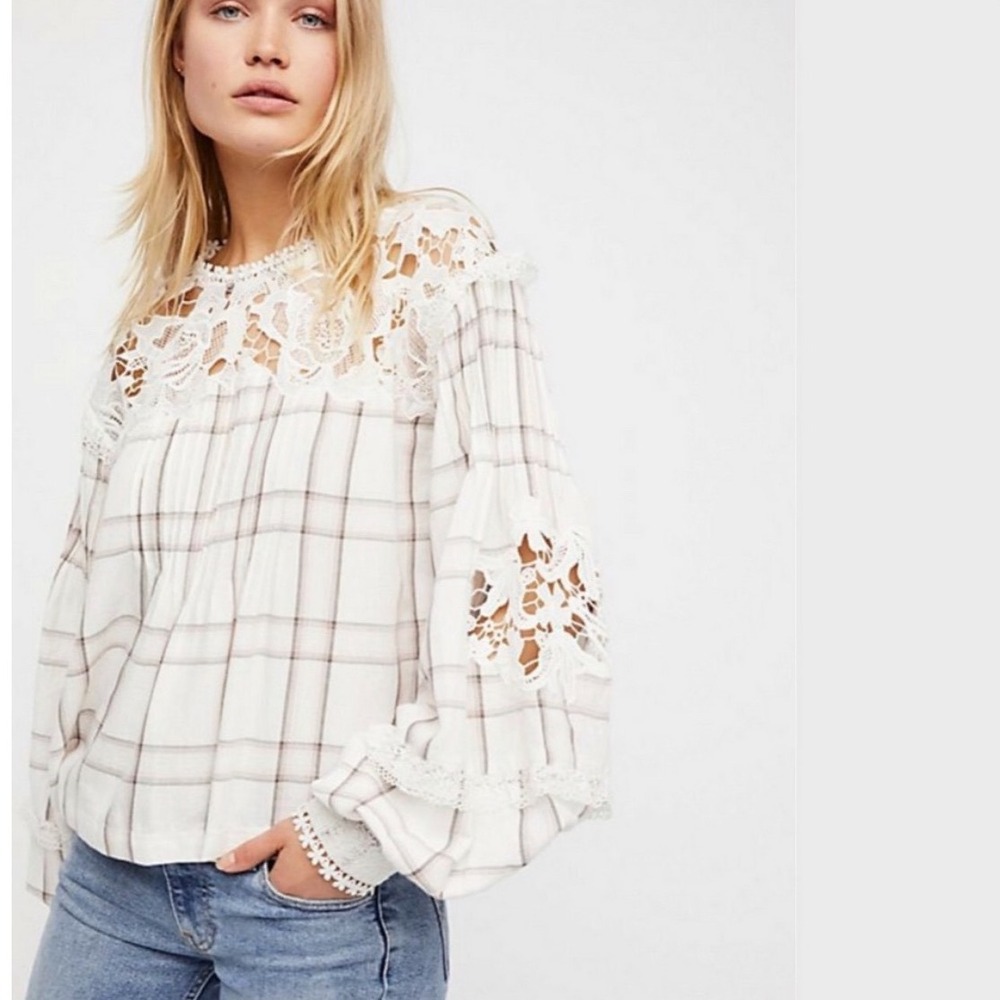 Free People Darling Diana Plaid Lace Blouse Top Ivory Pink Small